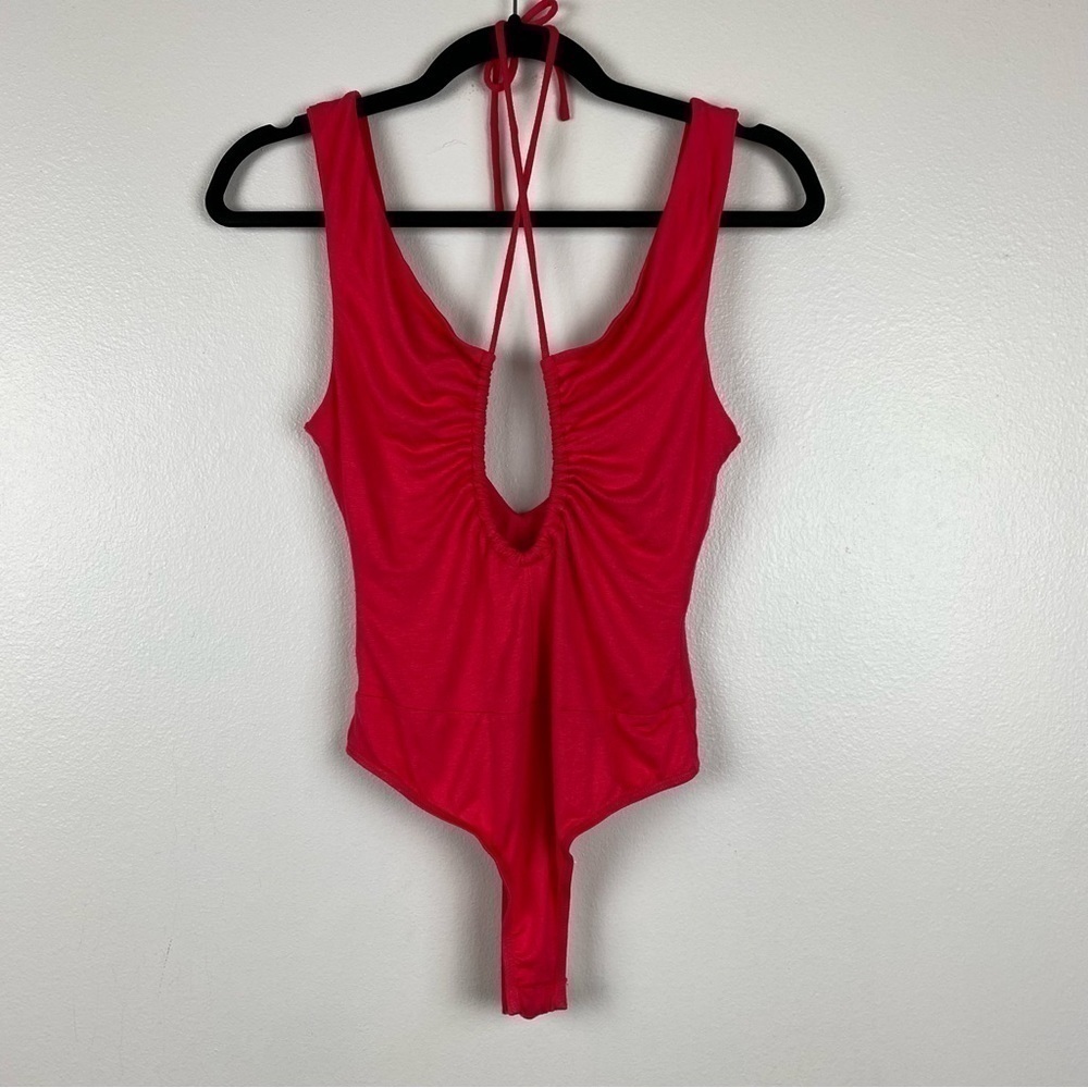 Lulus Plunging Neckline Adjustable Halter Thong Bodysuit Red Size XS